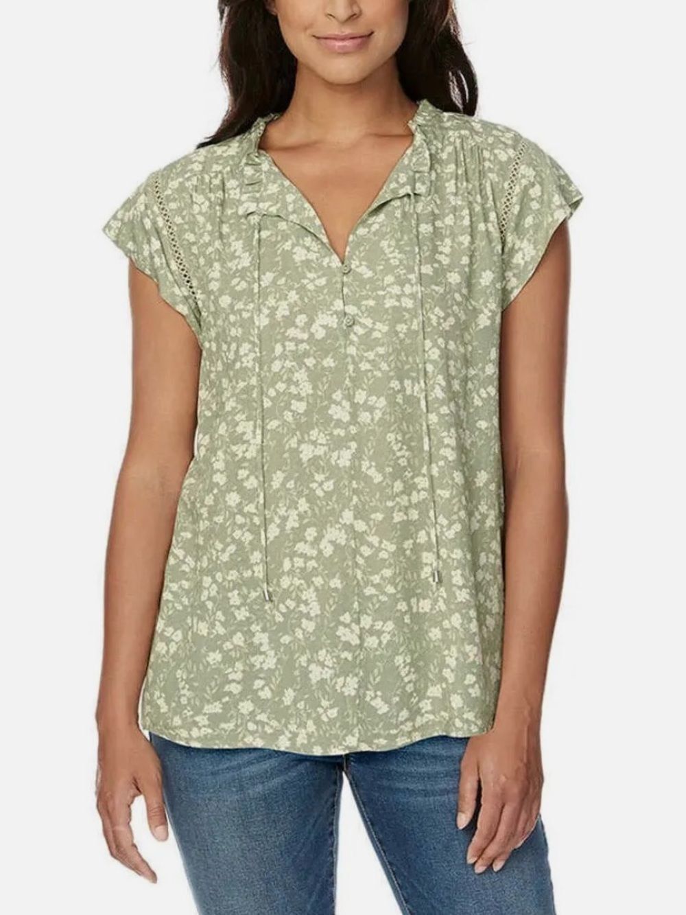 Buffalo David Bitton S Light Green Ditsy Floral Cap Sleeve tie-neck blouse
